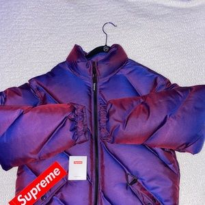 supreme iridescent puffy jacket purple